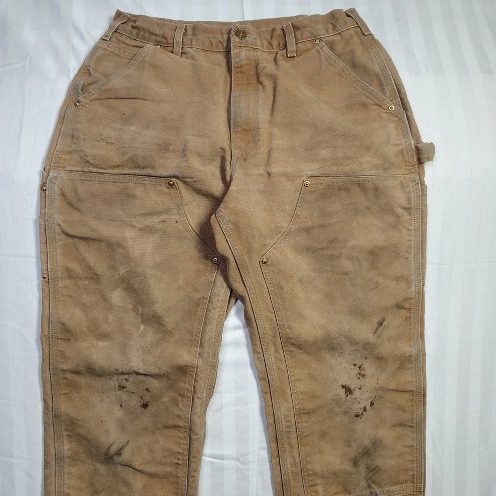 Carhartt B01-BRN Mens 34x32 Brown Duck Canvas Double Knee Work Pants Made in USA